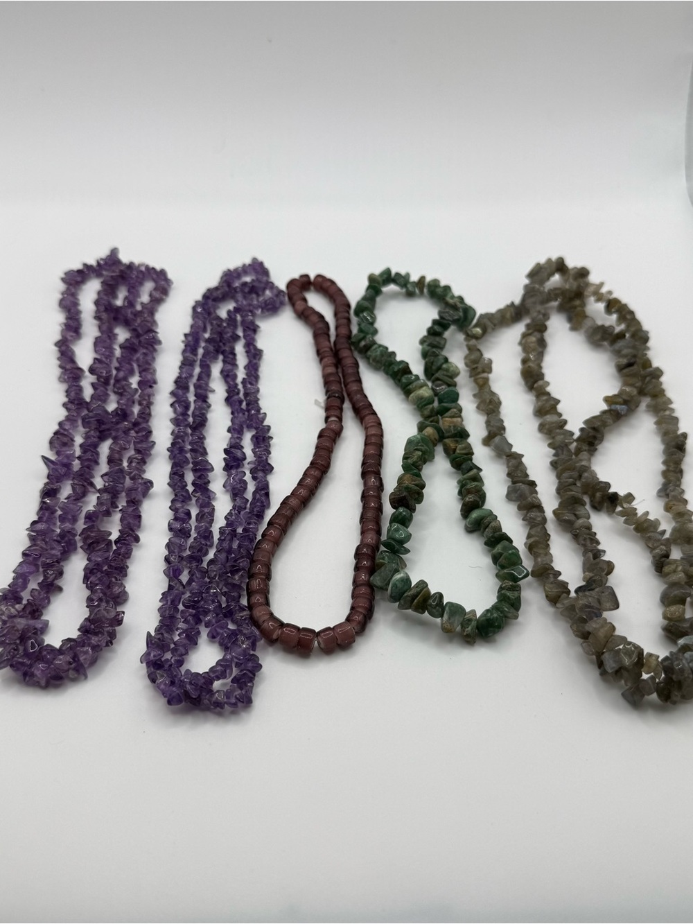 Multi-Color Gemstone Chip and Bead Necklace Set - Purple, Brown, Green, Gray